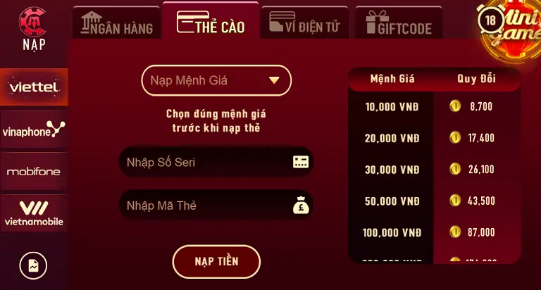 Người chơi có thể nạp tiền vào tài khoản Manclub bằng thẻ cào Viettel